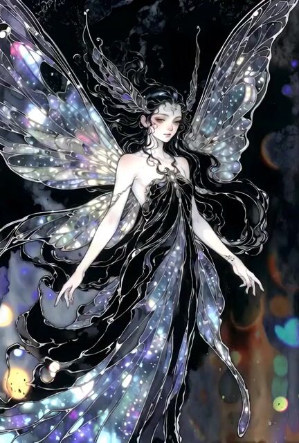 Ethereal dark fairy goddess with galaxy wings