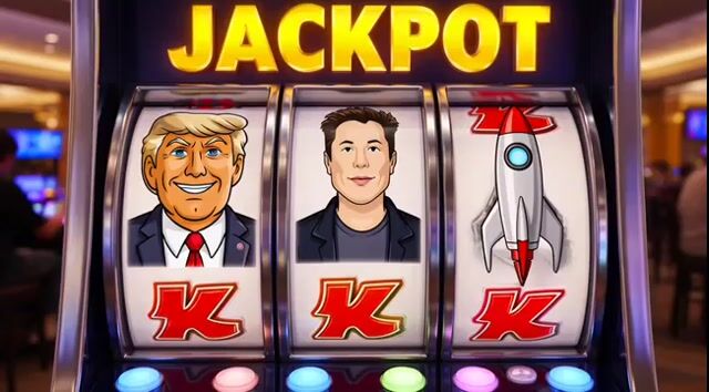 Grok Imagine prompt for a slot machine jackpot with Trump, Musk, and a rocket