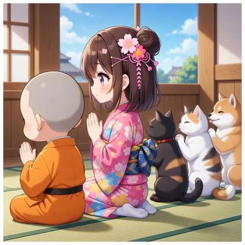 Monk, girl, cat, and dog sitting and praying