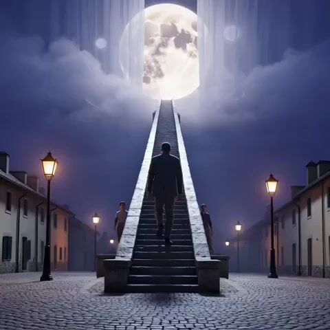 Cinematic Night Reveal of Endless Stone Staircase