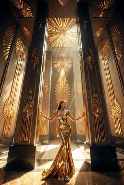Detailed Grok Imagine prompt for Art Deco golden temple interior video