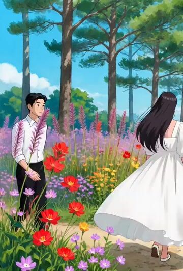Korean Man Walking in Wildflower Garden Video Prompt
