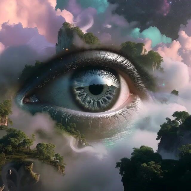 Surreal Floating Mountains Eye Zoom Video Prompt