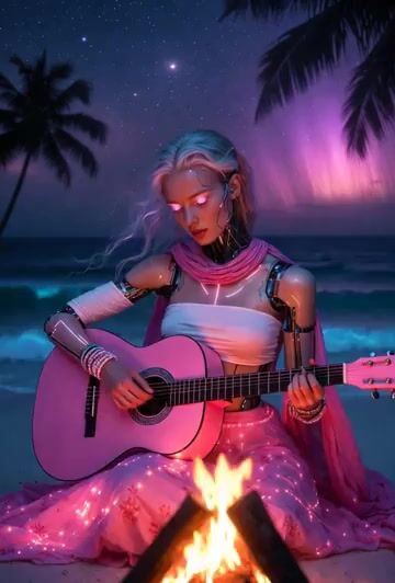 Gynoid on Tropical Beach Video Prompt