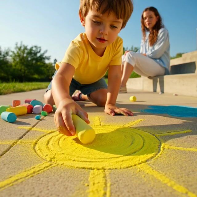 Grok Imagine video prompt: Child Drawing Chalk on Sidewalk