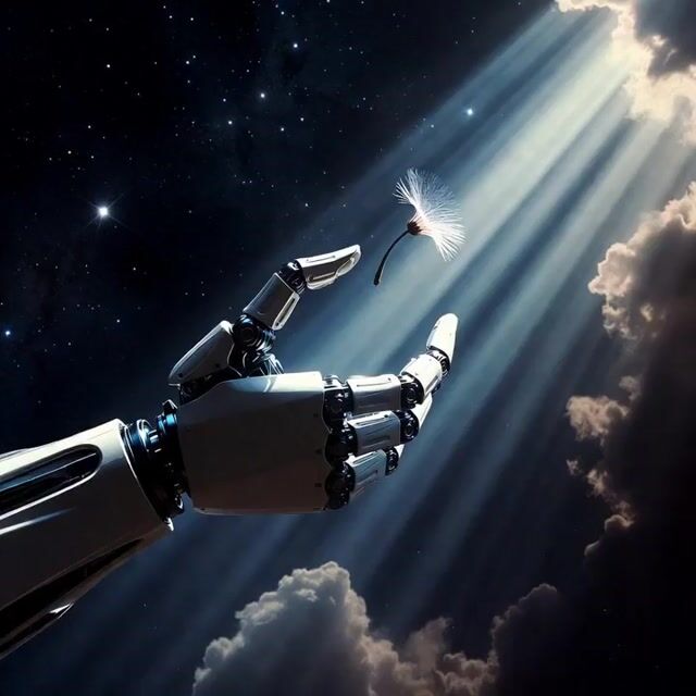 Robotic Arm Releasing a Flower Seed in a Starry Scene