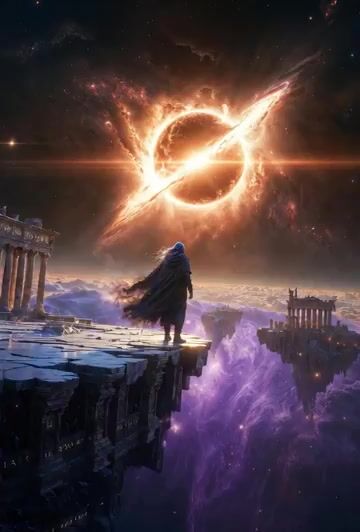 Lone Wanderer on a Floating Citadel Above a Nebula Storm
