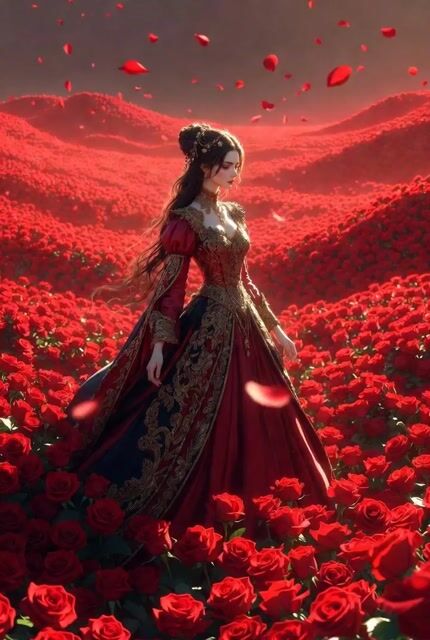 Noblewoman Standing in a Massive Ocean of Red Roses