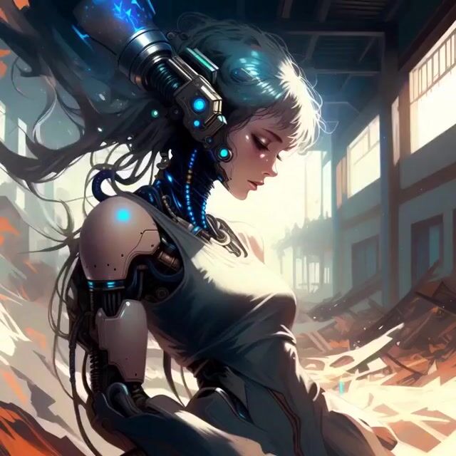 Glossy Cyborg Woman in Abandoned Warehouse