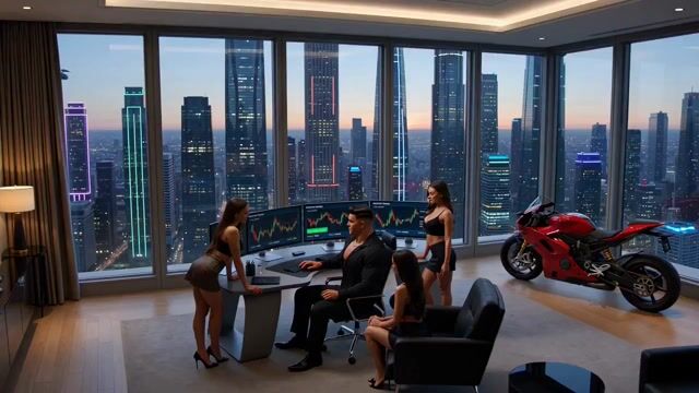 Crypto memecoin degen trading in a cyberpunk high-rise bachelor pad