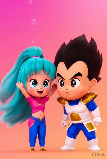 Grok Imagine Chibi Template animation of Vegeta and Bulma