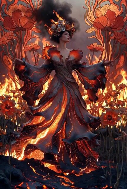 Video prompt for a surreal volcanic goddess