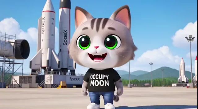 3D render of Chibi humanoid cat mascot at SpaceX launch site