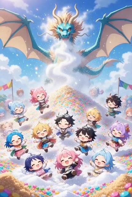 Parade ending in a sugar pile with a flying dragon