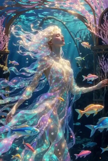 Ultra elegant underwater princess in Art Nouveau palace