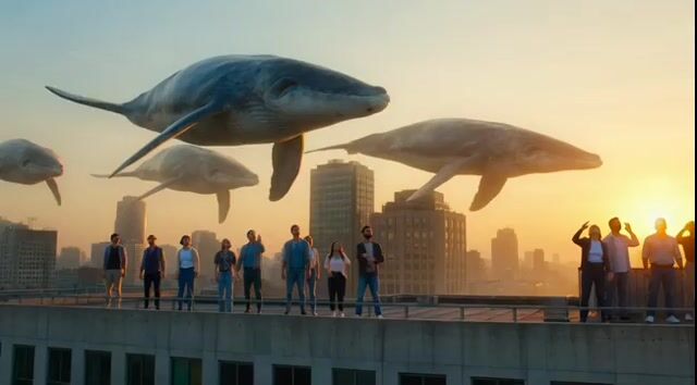 Surreal Cinematic Whales Flying Over a City at Sunrise