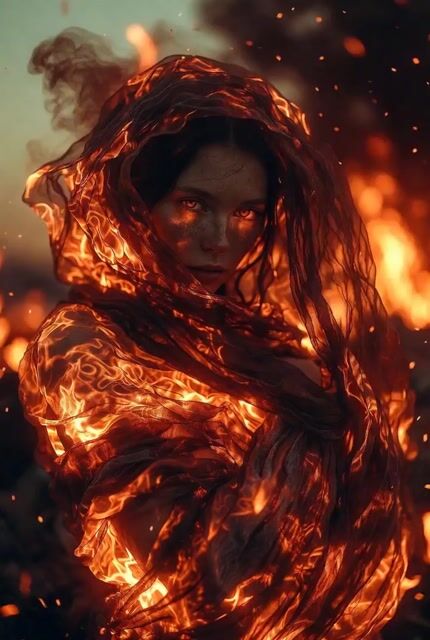 Ultra Sharp Portrait of a Sorceress Wrapped in Flame Fabrics