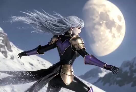 Silver-Haired Girl Dancing on Snowy Mountain Ridge