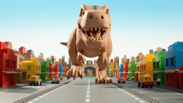 Cinematic Claymation T-Rex Stomping Through a LEGO City