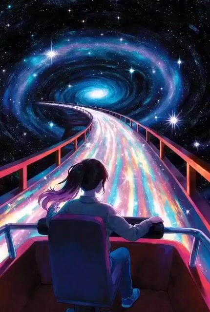 Girl on Roller Coaster Traveling Galaxy Video Prompt