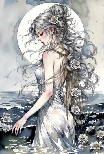 Video Prompt for Serene Goddess by the Moonlit Sea