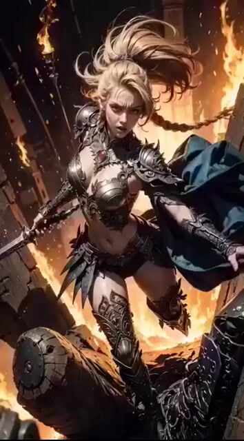 Cinematic digital painting of a fierce blonde warrior