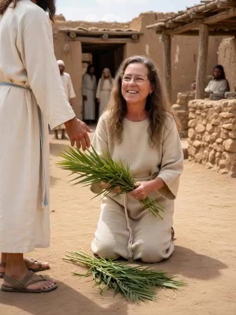 Woman laying palm branches for Jesus video