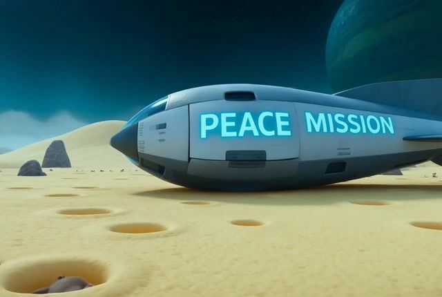 Video prompt for alien mice meeting cats in space suits on a cheese moon