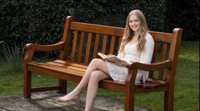 Restored bench scene with young woman