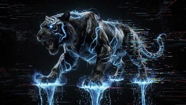 Hyper-realistic cyberpunk glitch art prompt for a massive electric tiger