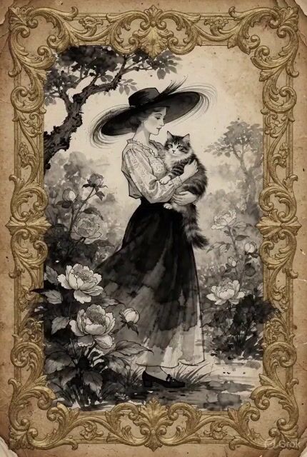 Vintage Victorian Lady with Cat Illustration