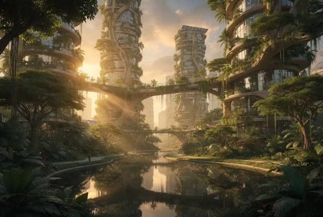 Cinematic Solarpunk Biophilic Megacity at Golden Hour