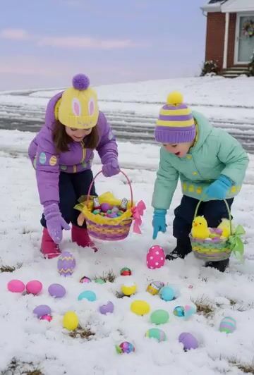 Grok Imagine Prompt: Render two kids outside dressed in winter coats and toques in traditional Easter colours