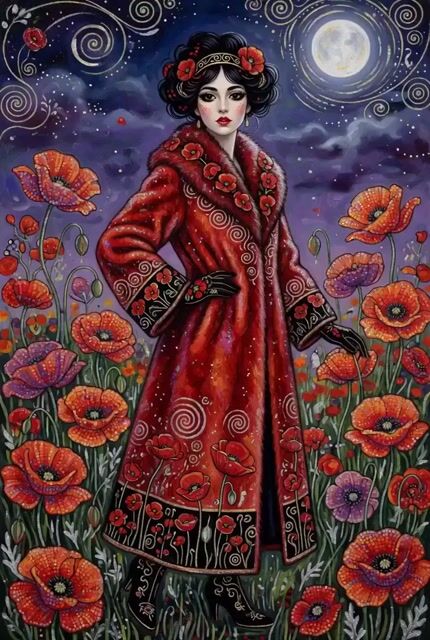 Elegant woman in red fur coat under moonlight