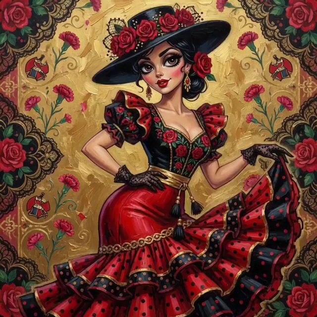 Spanish woman in retro dress, cartoon style