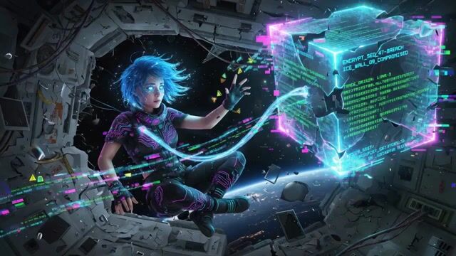 Cinematic video generation prompt: Cybernetic netrunner hacking