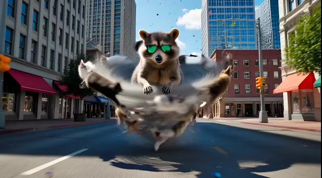 Chaotic, cinematic video generation prompt: Raccoon riding a cat tornado