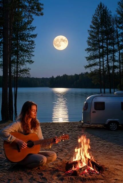 Cinematic Night Scene with Guitarist and Floating Musical Notes