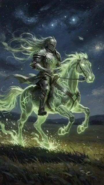 Knight in dark armor riding a glowing green horse at night