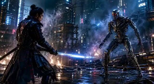 Cinematic Samurai vs Terminator Duel Video Prompt