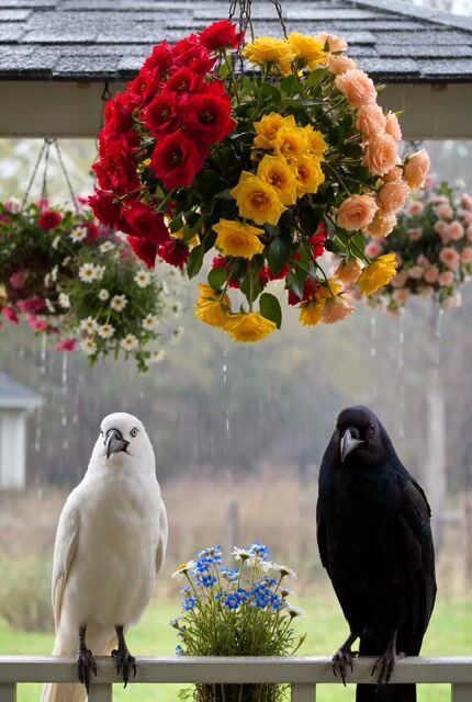 Rainy Porch Crows Scene