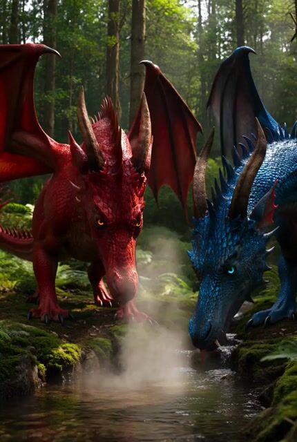 Dragons drinking from a stream