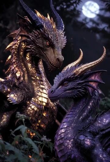 Golden and Purple Dragons in Moonlit Forest