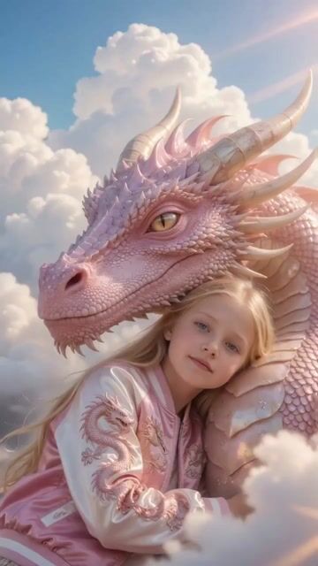 Girl Hugging Pink Dragon in Clouds