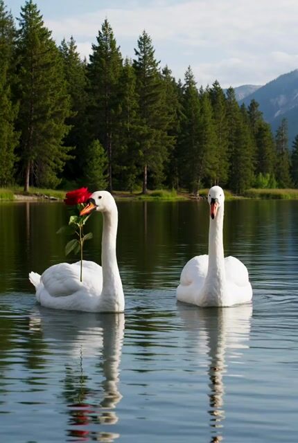 Swans Tossing Rose on Lake