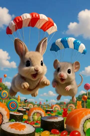 Bunny and Mouse Skydiving into Sushi Kingdom