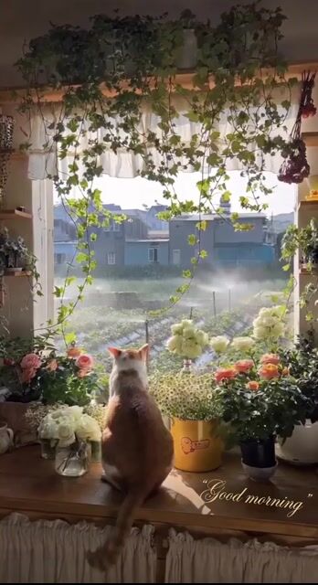 Cat Watching Sunrise Landscape