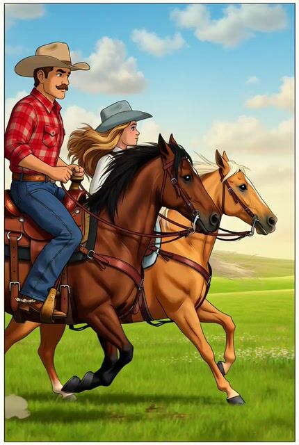 Comic Style Cowboy and Cattle Pasture