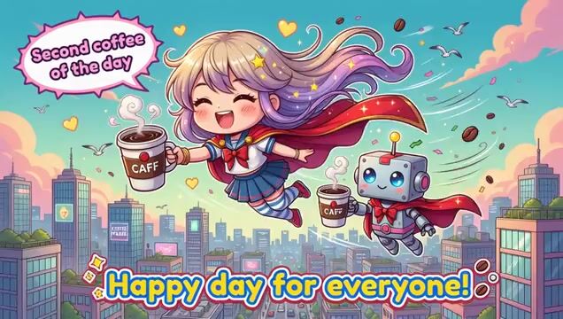 Chibi Anime Hero and Robot Flight