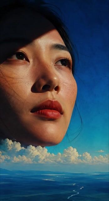 Surreal Giantess Portrait with Billowing Clouds